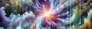 An abstract digital artwork depicting the fusion of art and science. Swirling, fluid colors blend into geometric crystalline structures, with glowing lines suggesting interconnected ideas.