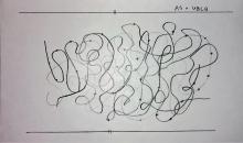 Student drawing of the concept of entanglement. Depicts a clump of curvy lines with points on them.