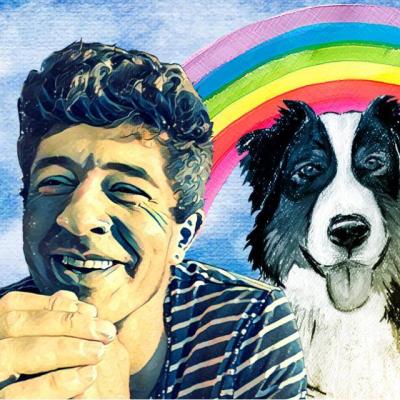 Realistic illustration of Andrea. He is smiling with his hands clasped in front of him. Next to him is his dog, Hunter, and there is a rainbow in the background.